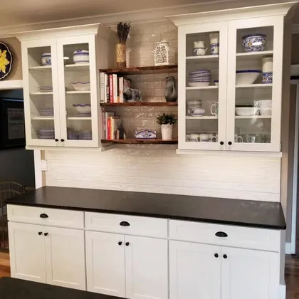 White cabinet kitchen with open shelving